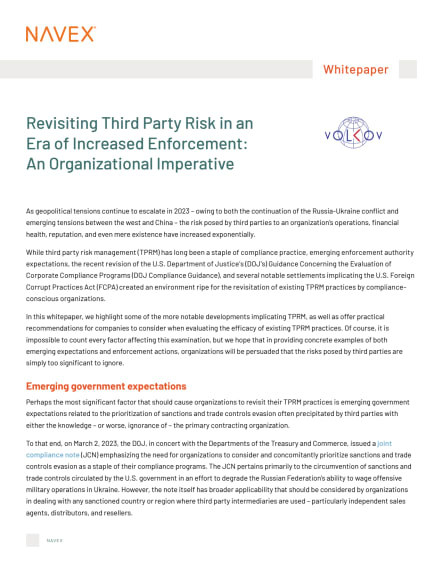 Revisiting Third Party Risk in an Era of Increased Enforcement: An Organizational Imperative